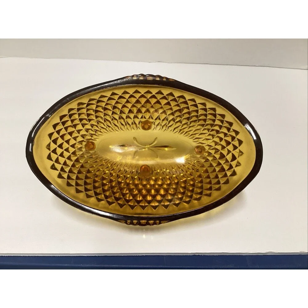 vintage Indiana glass amber -colored diamond point oval footed bowl